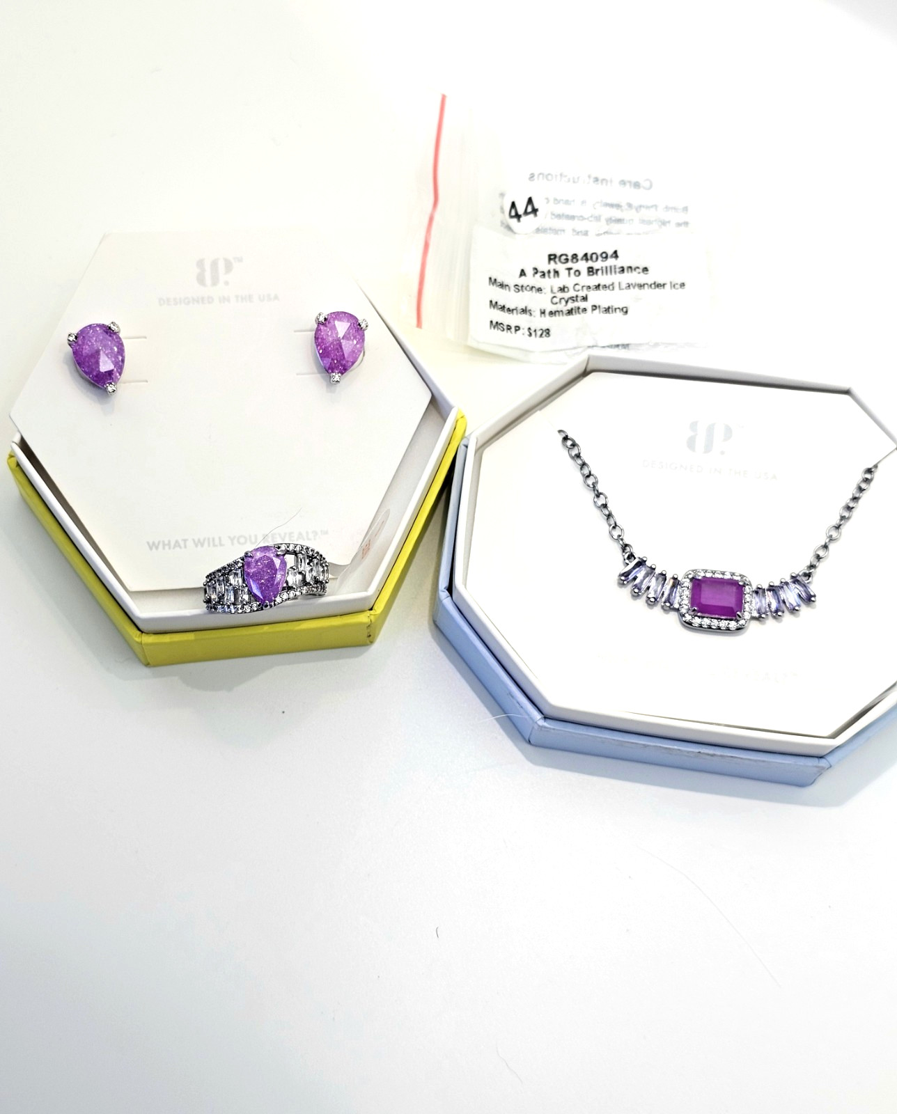 Bomb Party BP Jewelry Bundle – Necklace, Earrings, Ring Size 6 – Lavender Ice