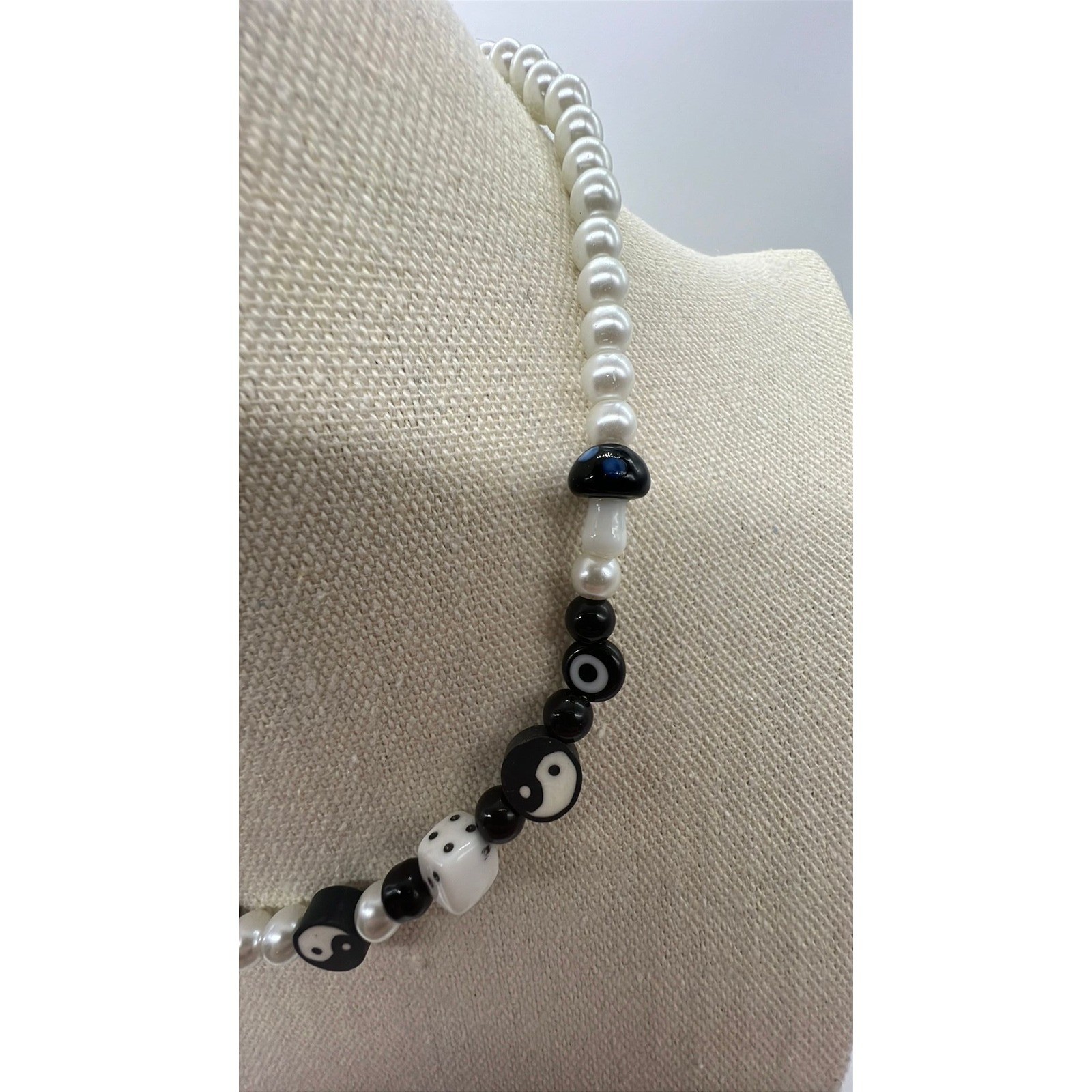 Yin Yang Beaded Necklace Y2K Indie Alt Black White Faux Pearl 17-18.5in