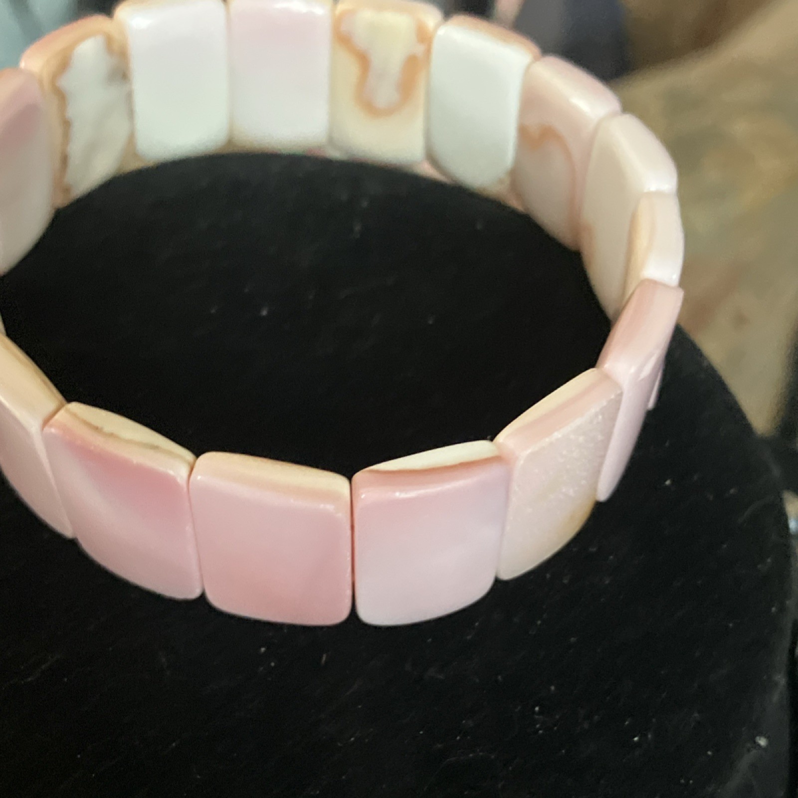 Pink Conch Shell Rectangle Beaded Stretch Bracelet 7.5″ Flexible 1 inch wide