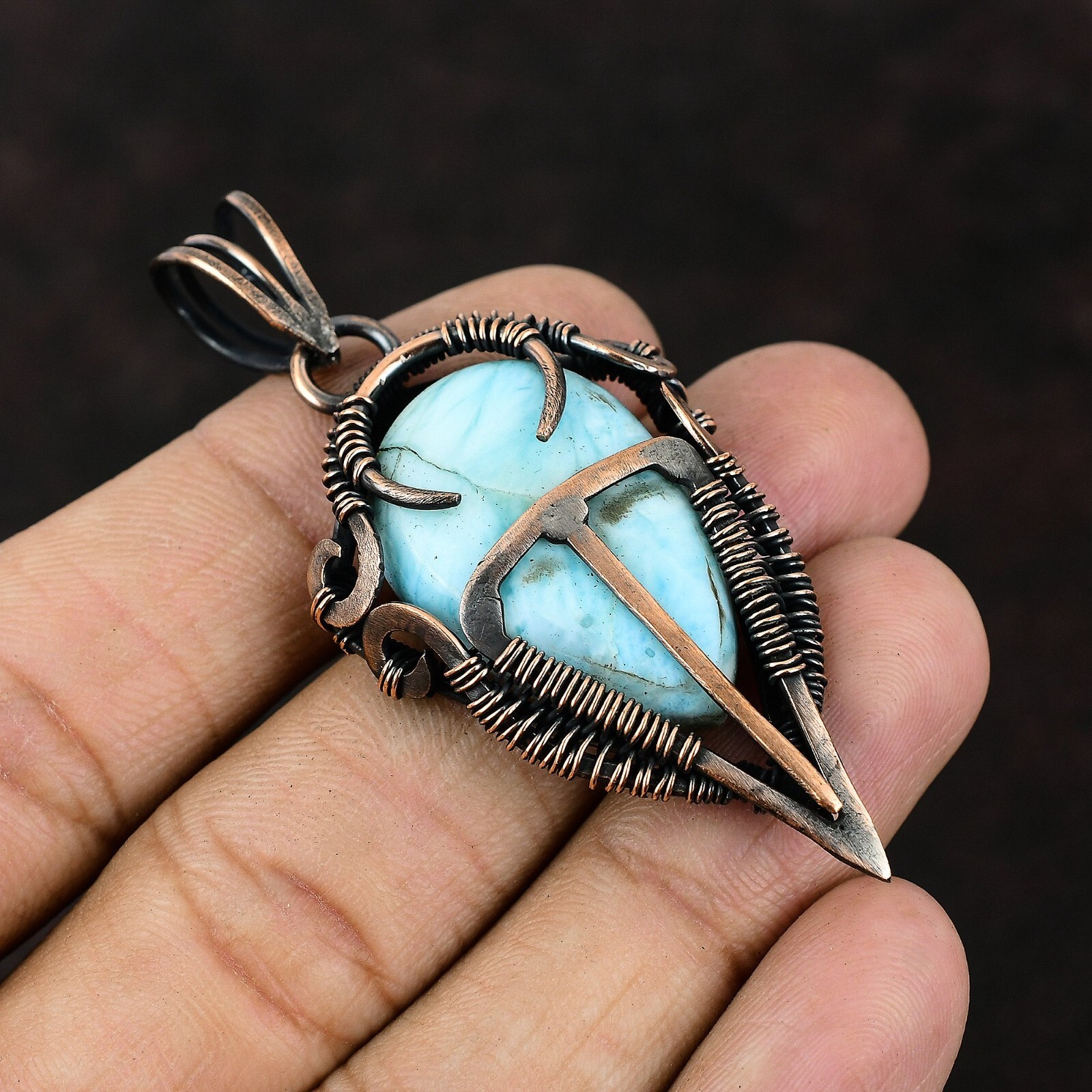 Larimar Gemstone Jewelry Copper Gift For Mother Wire Wrapped Pendant 2.56″