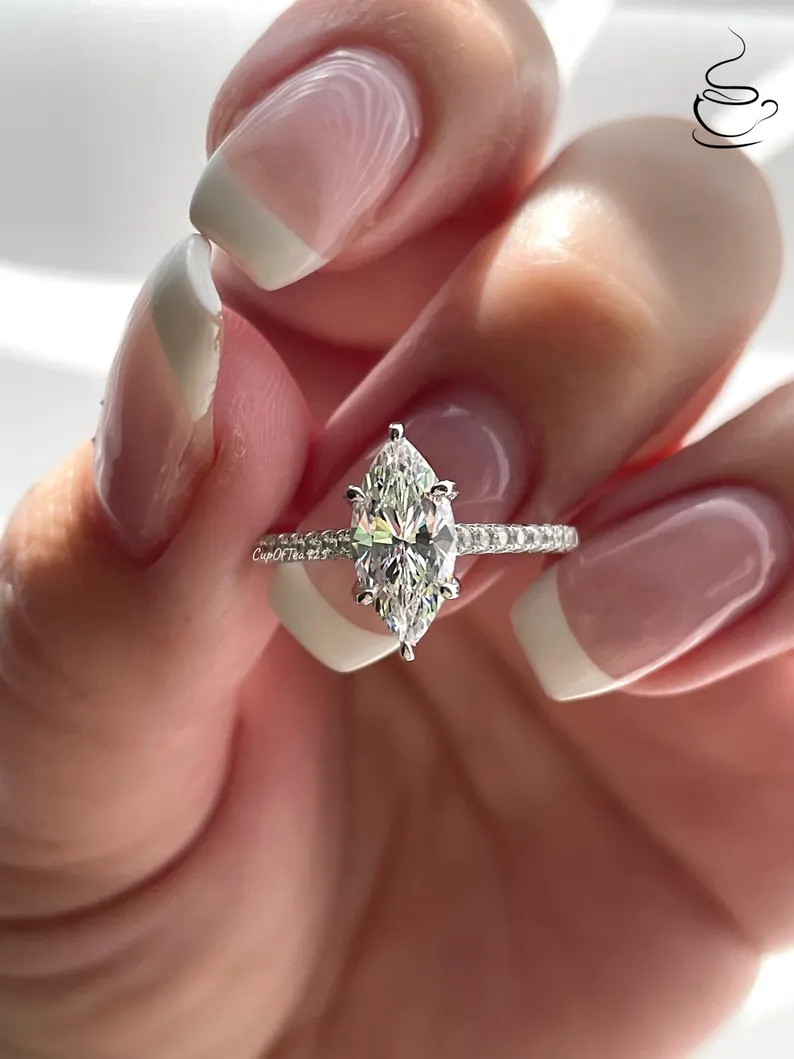 1.5ct Marquise Cut CZ Ring, Pave Band, Rhodium Silver 925