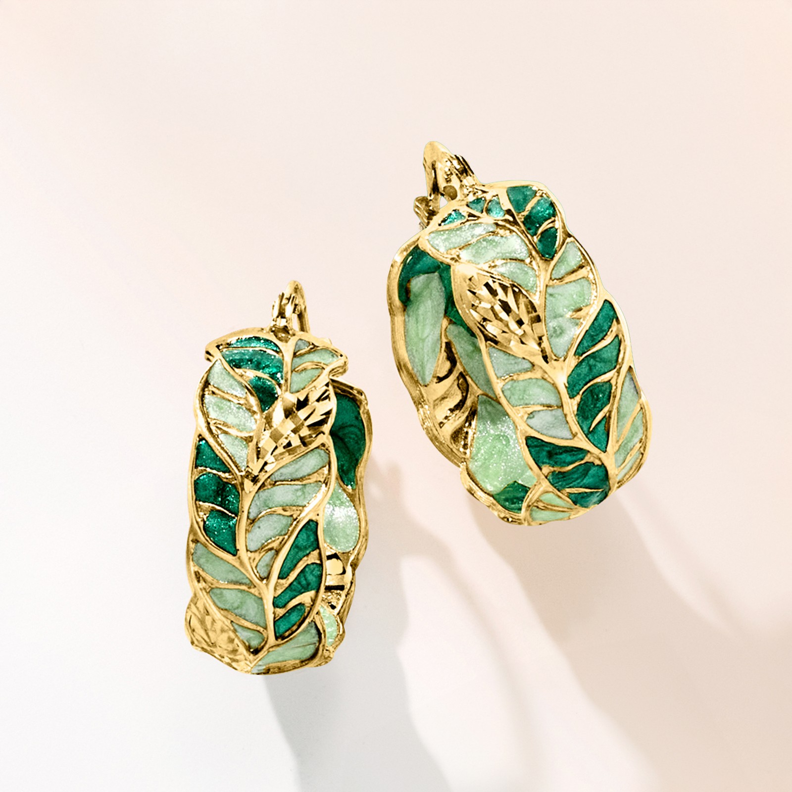 Italian Green Enamel Leaf Vine Hoop Earrings in 14kt Yellow Gold. 7/8 inches