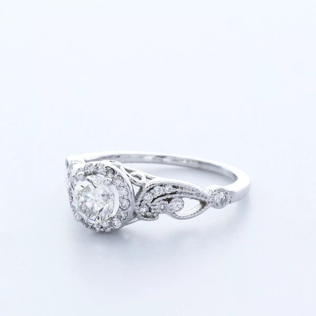 Side Stone Engagement Ring 14K Gold Halo 1.12 CT Round Lab-Grown Diamond D VS1