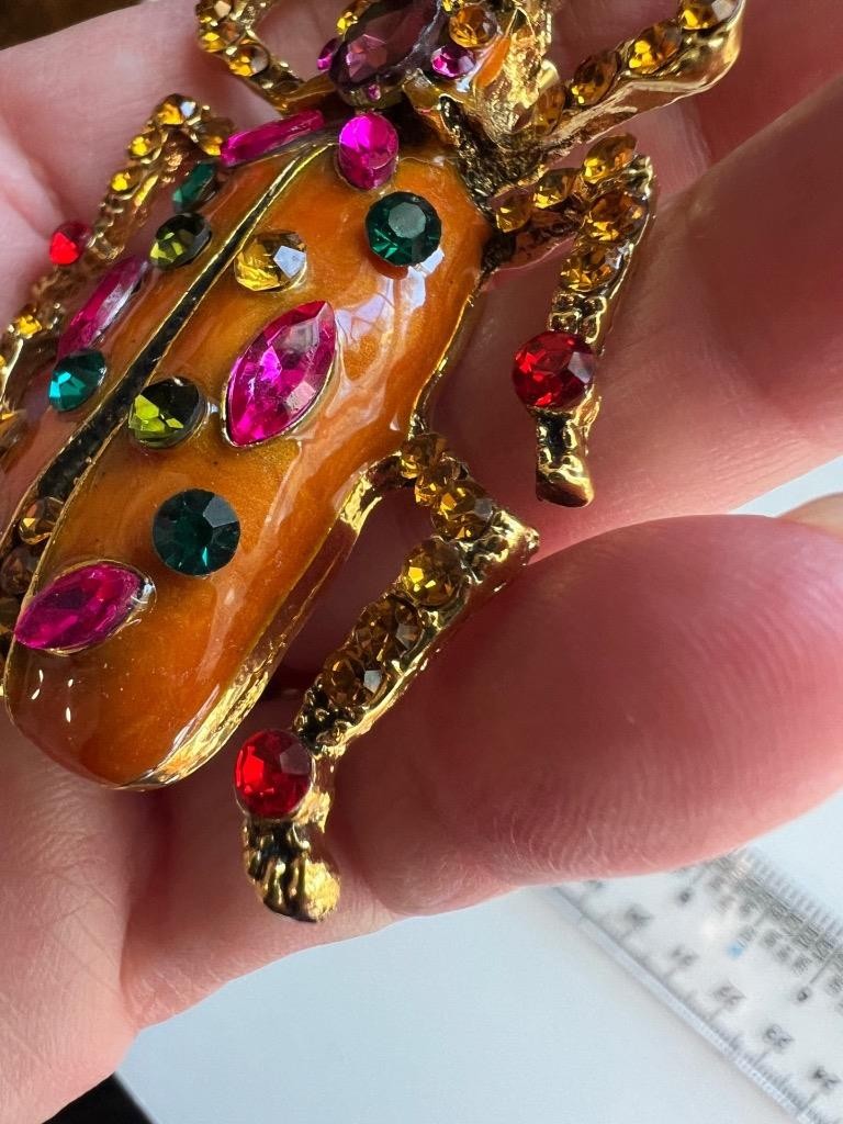 Scarab Beetle Pin LARGE Orange Enamel Rhinestone Victorian Egyptian Rev Vtg