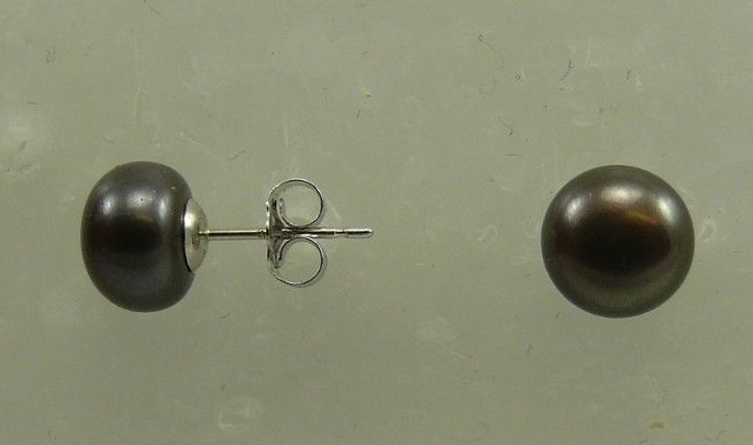 Freshwater Black Button Shape Pearl Earring 14k White Gold Post and Push Back