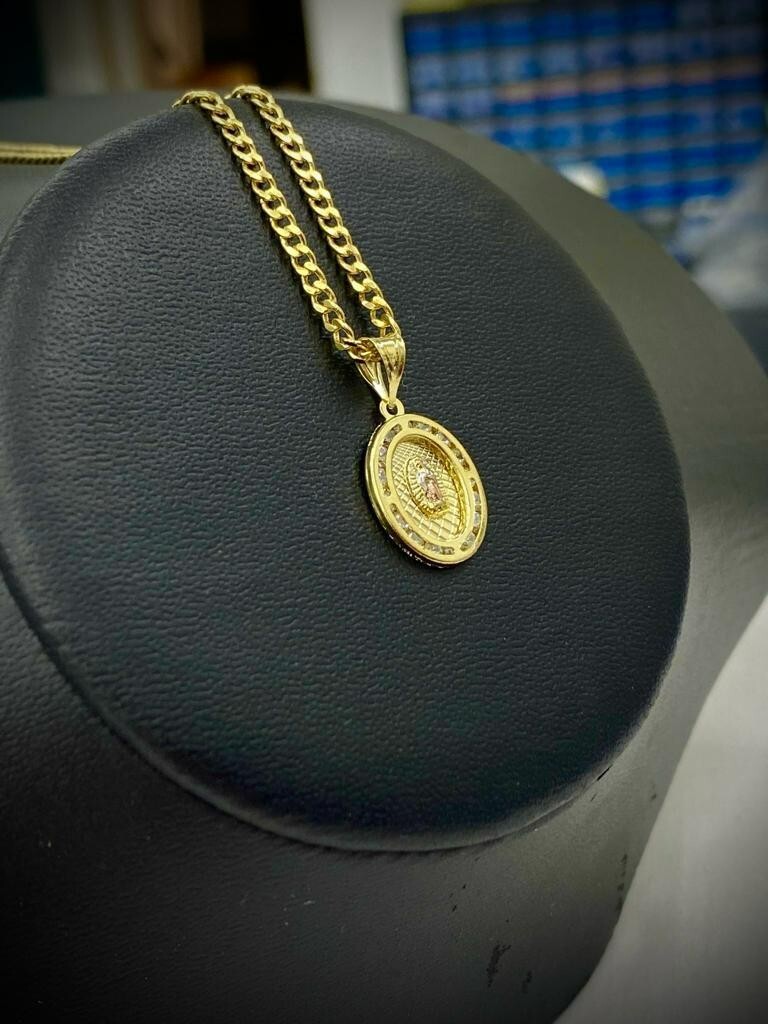 14k Oro Laminado Medalla de Virgen de Guadalupe & Cadena Para Mujer Niños Curb