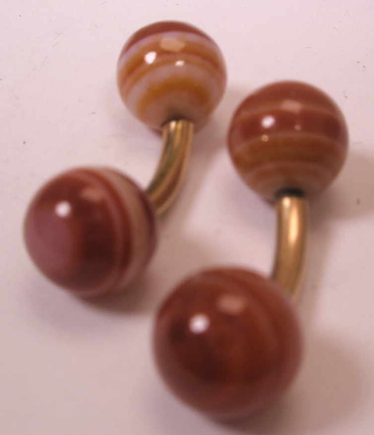 Banded Agate Ball-Ends Gold Plated Double Sided Vintage SMALL Cuff Links d143