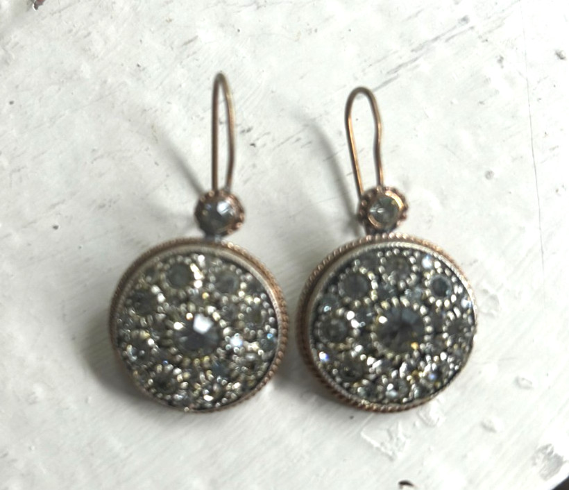 Vintage Style Rhinestone Earrings Set in Brass – Round Design