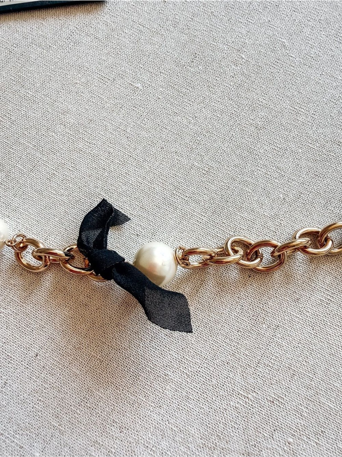 Ann Taylor Gold Tone Faux Pearl Chain Ribbon Statement Necklace NWT