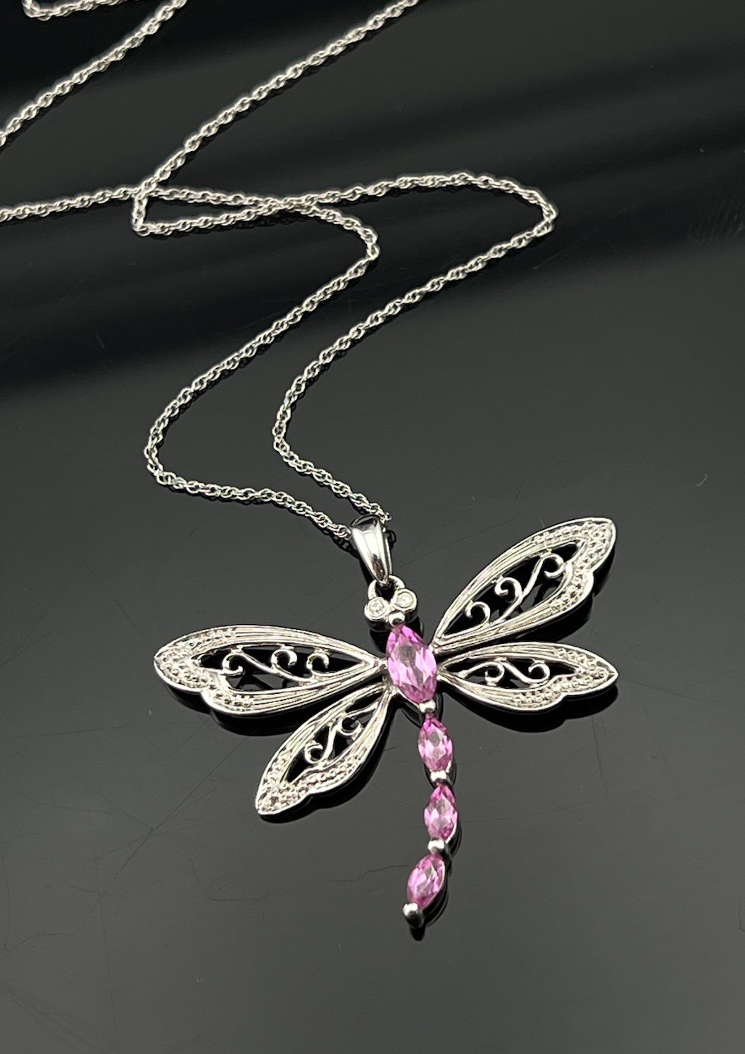 10k White Gold Pink Sapphire Dragonfly Necklace Marquise Gem Insect Necklace 18″
