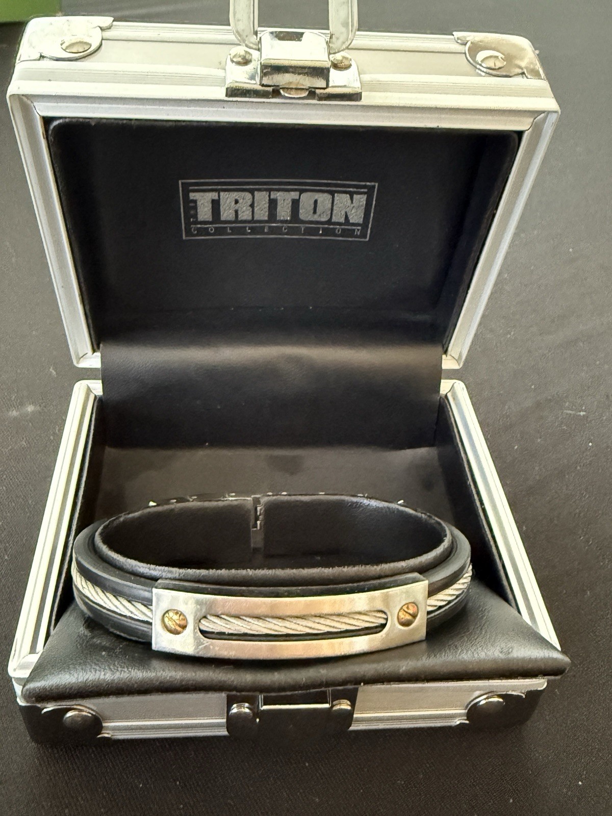 Triton Mens Bracelet Stainless Steel & Black Rubber 14K Gold Screws Cable Inlay