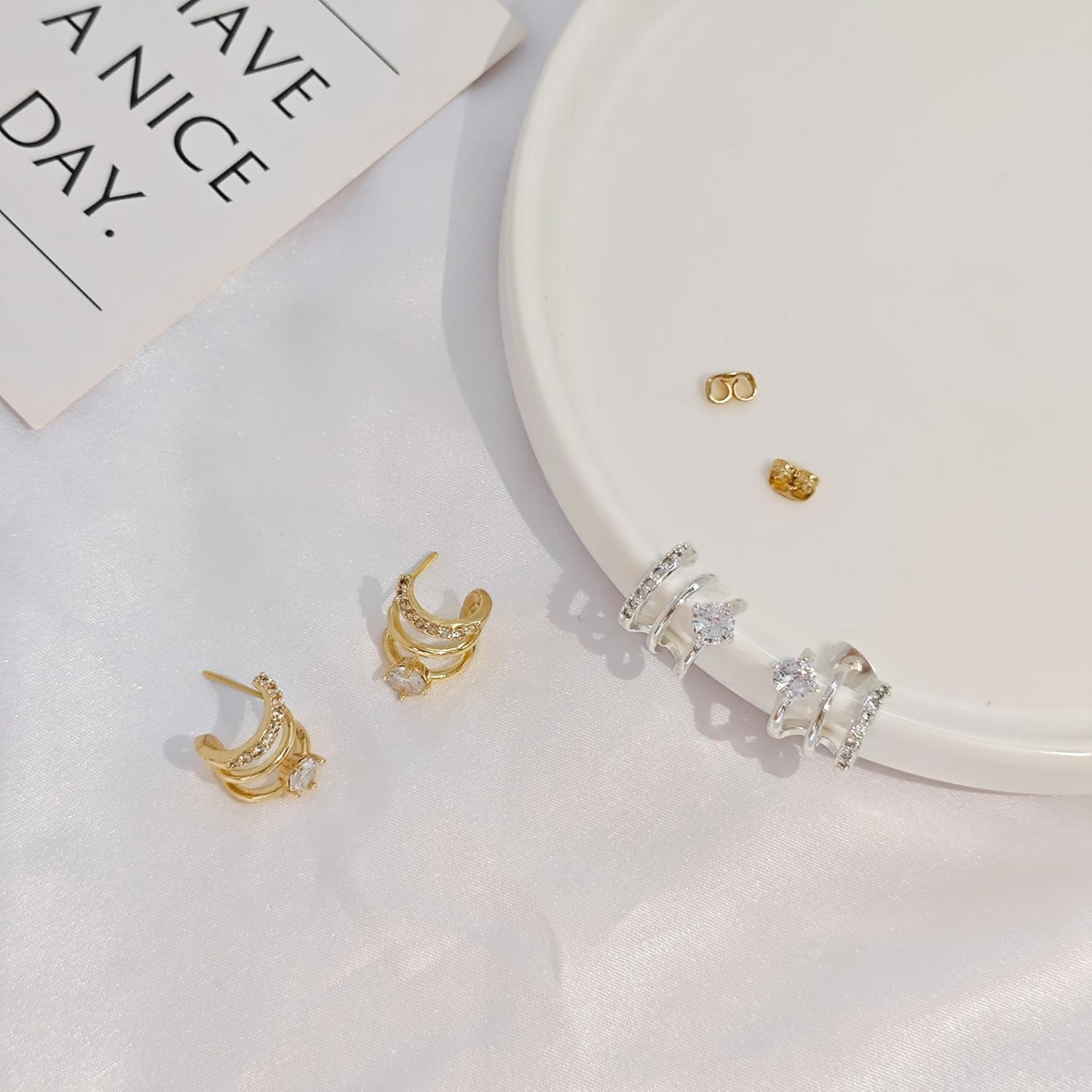 14K Gold Plated Hoop Earrings for Women Triple Huggie Illusion Stud Earring | Do