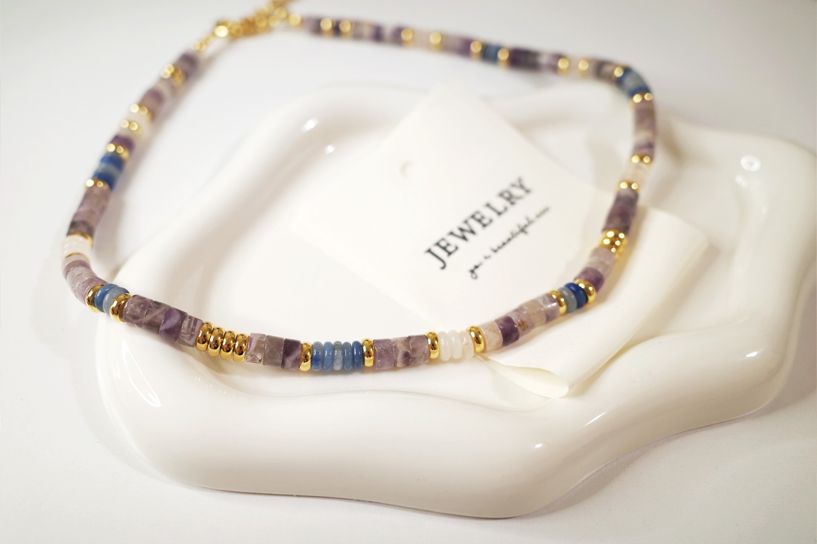 Layered Jade Necklace Set, Purple/Blue/White Beads, 18K Gold Plated, Handmade