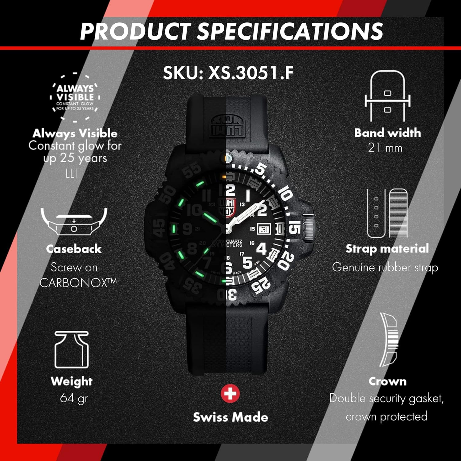 Navy Seal 3050 Watch – Carbonox Case, Black Dial, 20ATM Water Resistant