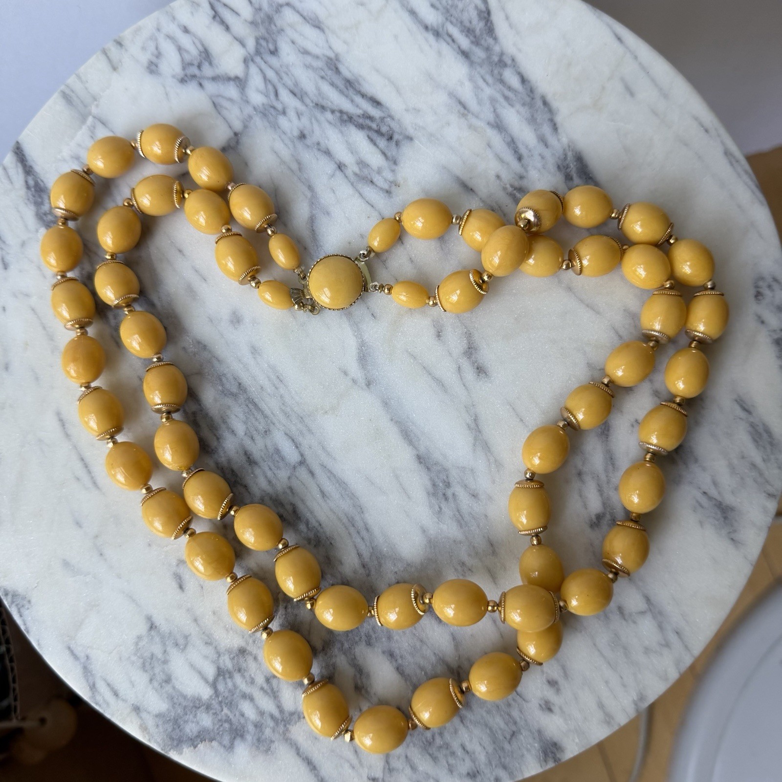 Vintage Hong Kong Double Strand Mustard Yellow Lucite Bead Necklace 18” MCM