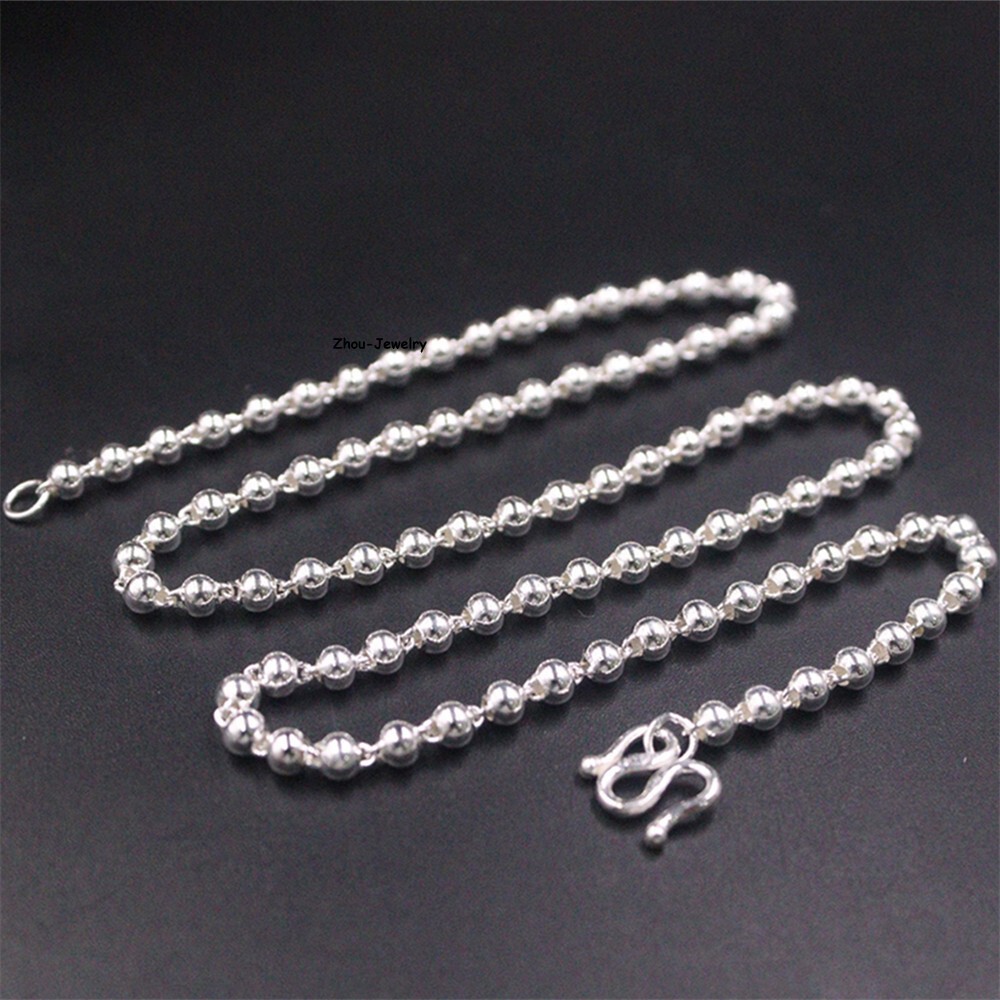 Pure S999 Fine Silver 999 Chain 3mm Lucky Smooth Beads Link Necklace 8-9g 17.9in