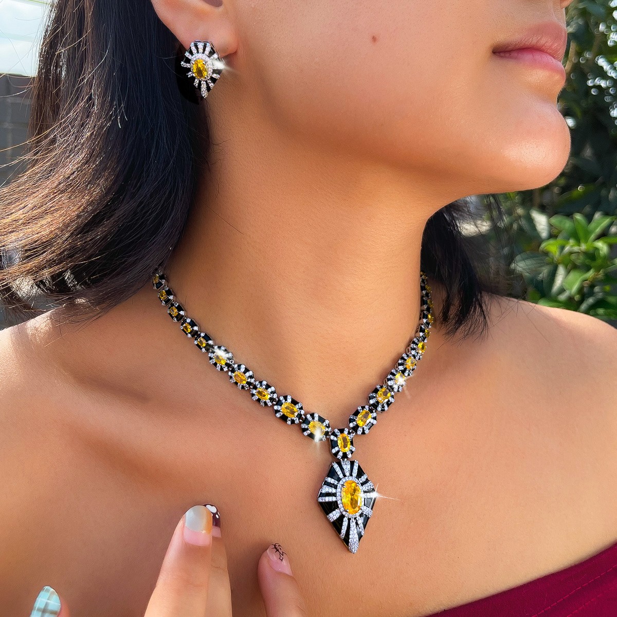 Women Silver Plated Yellow Zirconia Pentagon Earrings Necklace Party Jewelry Set