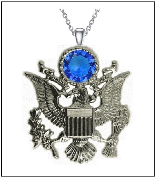 AMERICAN EAGLE w/ BLUE CRYSTAL Necklace – 2″ Coat of Arms Silver Steel