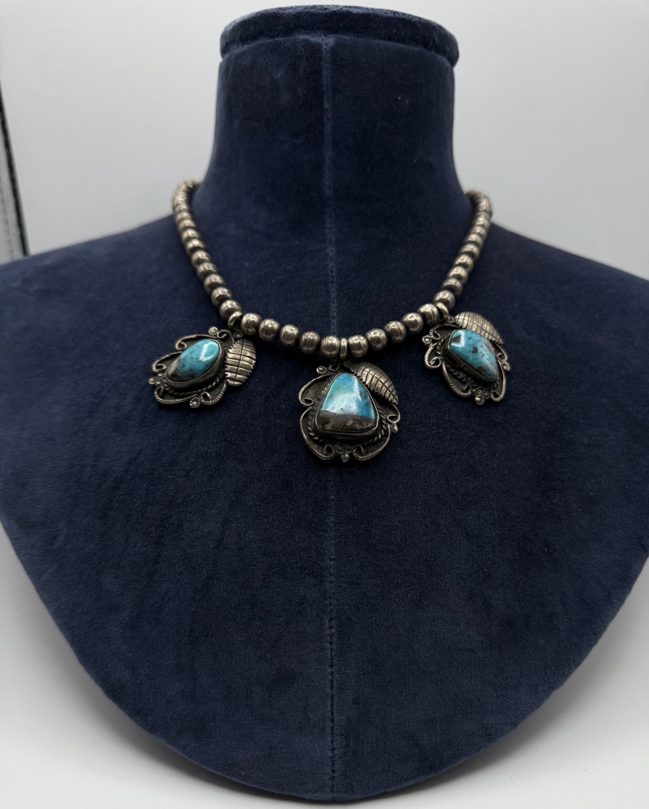 50g Vintage Navajo Persian Turquoise Sterling Silver Pendant Ball Beads Necklace