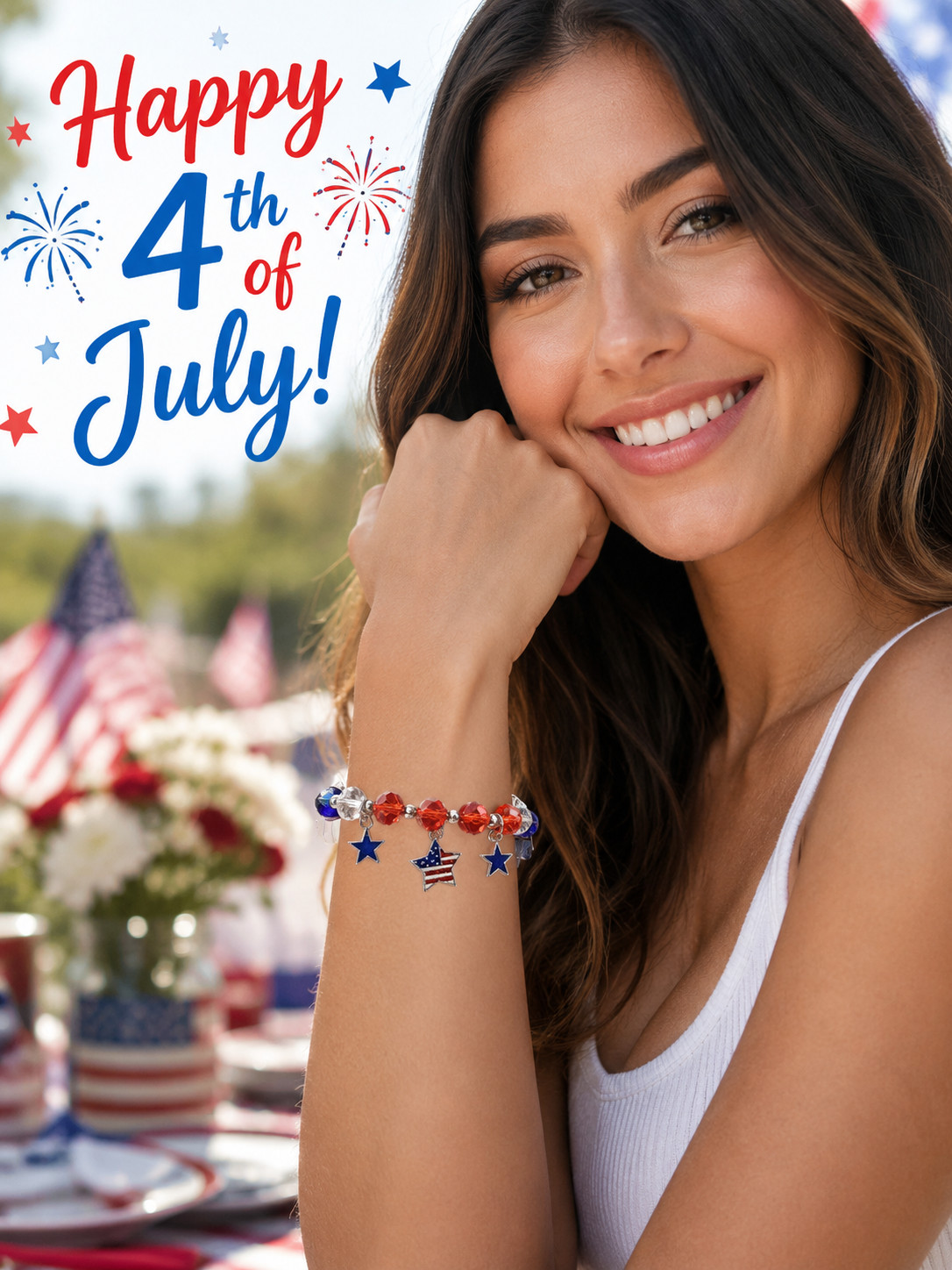 Superstar Accessories Patriotic Beaded Bracelet Red White Blue Stars USA Flag