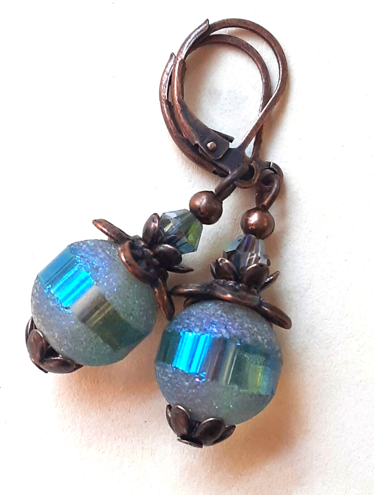 TEAL FROSTED CRYSTAL DROP earring COPPER LEVERBACK handcrafted XX