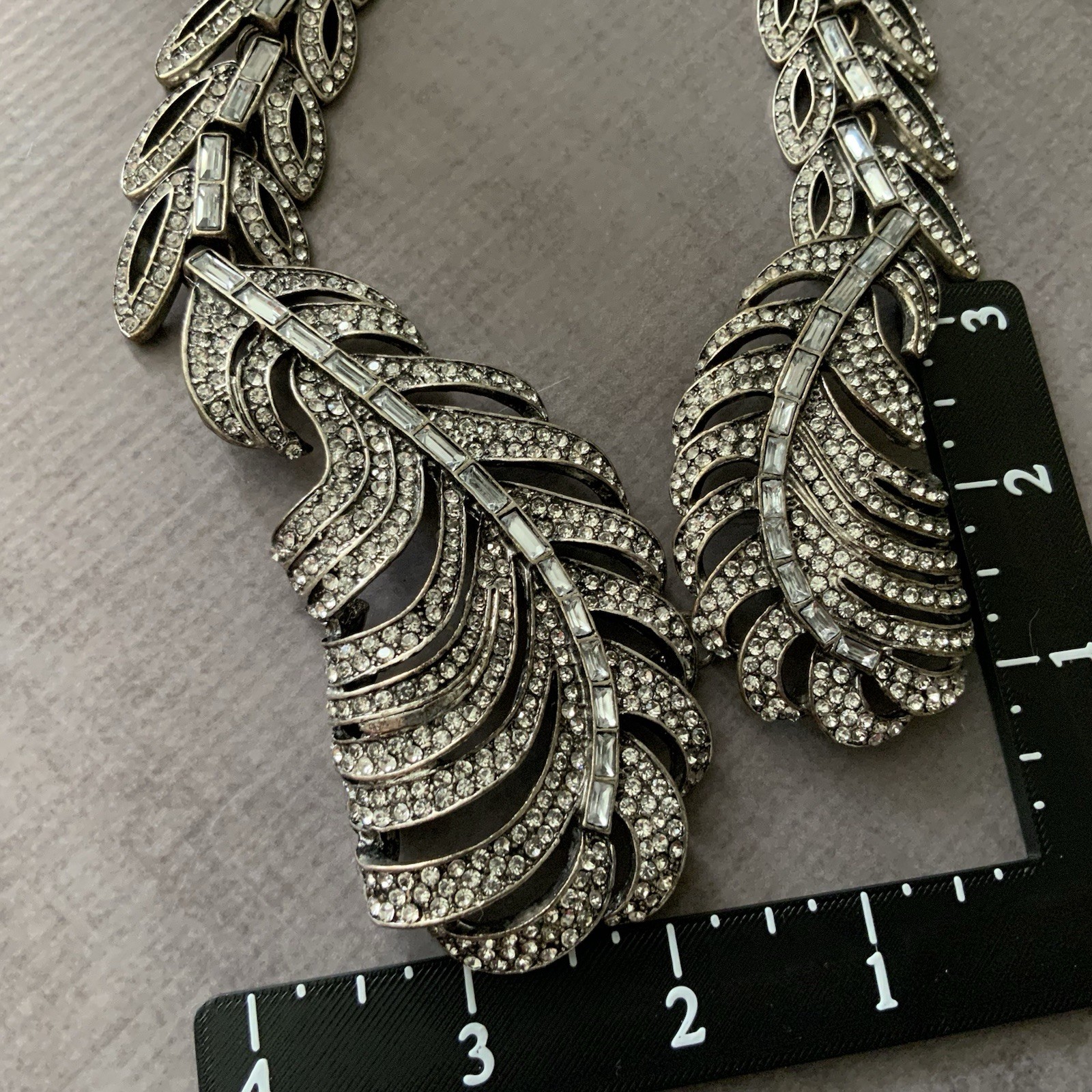 Natasha Feather Rhinestone Statement Necklace Antique Silver Tone 18″ Signed
