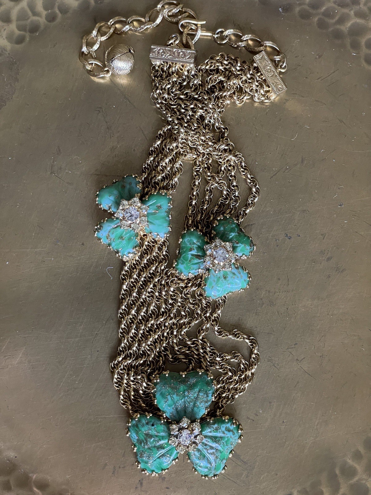 Vintage Hobe Mayorka Glass Sea foam Green Petal Flower Festoon Necklace