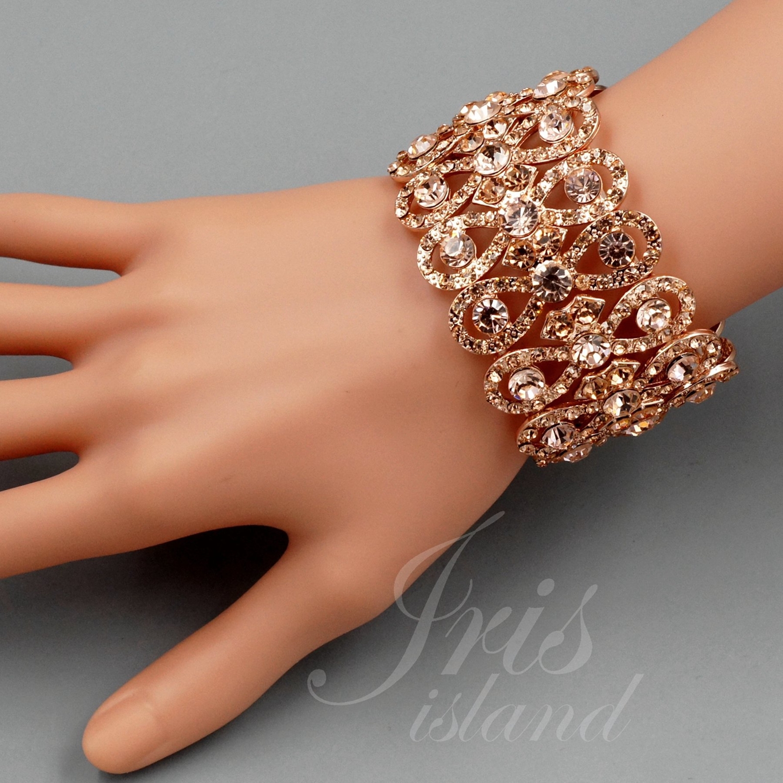 Bracelet ROSE GOLD Plated Crystal Rhinestone Women Wedding Bangle Cuff Stretch 9