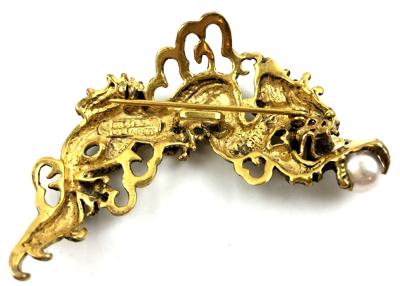 Vtg Antique Mark EN 87 Sterling Silver Gold Chinese Dragon Ruby Yes Brooch Pin