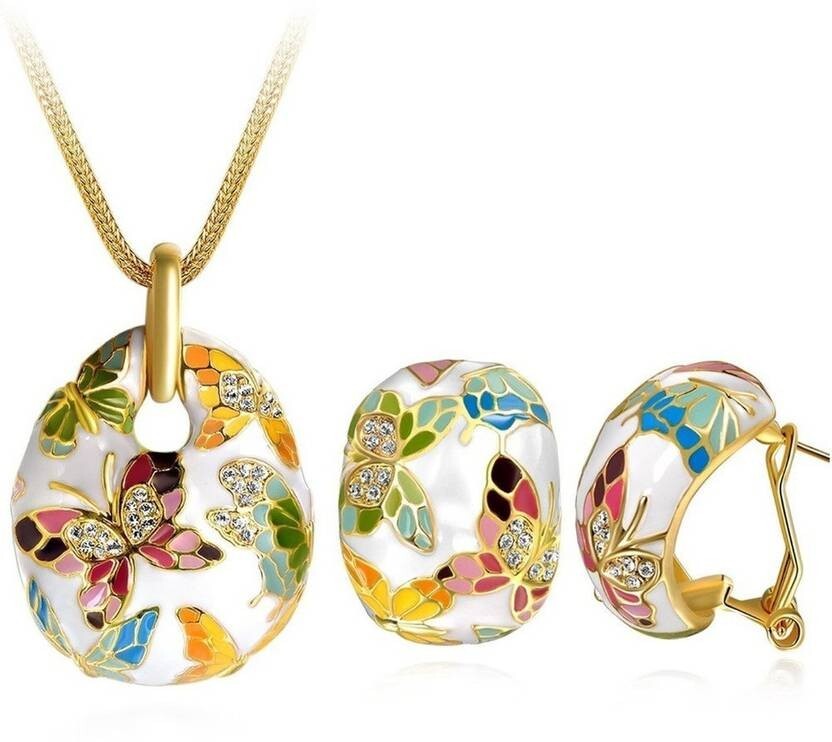 Colorful Butterfly Pendant Necklace and Earrings Set Gold Plated Enamel Jewelry