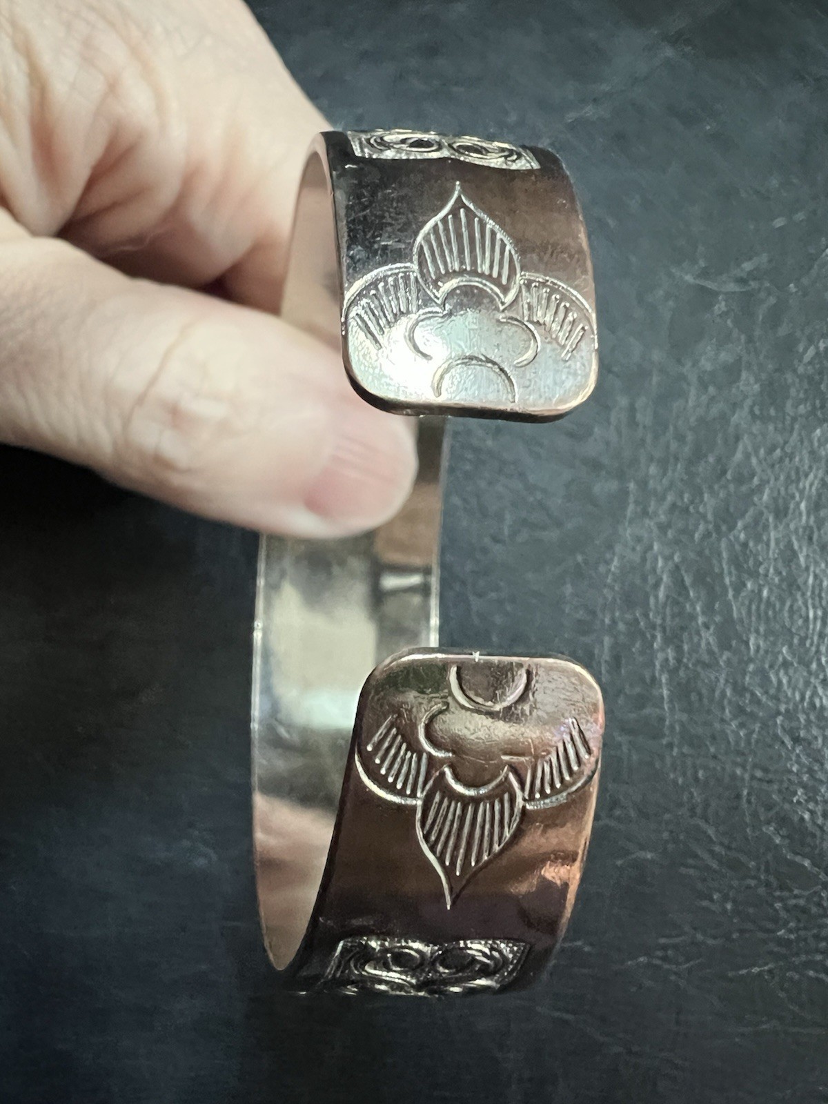 Wide Silver Tone Engraved Cuff Bracelet Floral Scroll Honeycomb Boho
