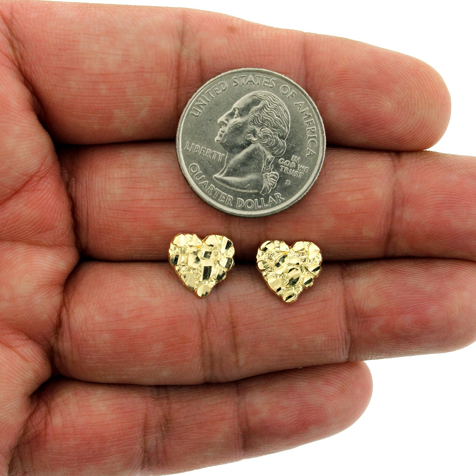 Real 10K Solid Yellow Gold 11MM Diamond Cut Small Heart Nugget Stud Earrings