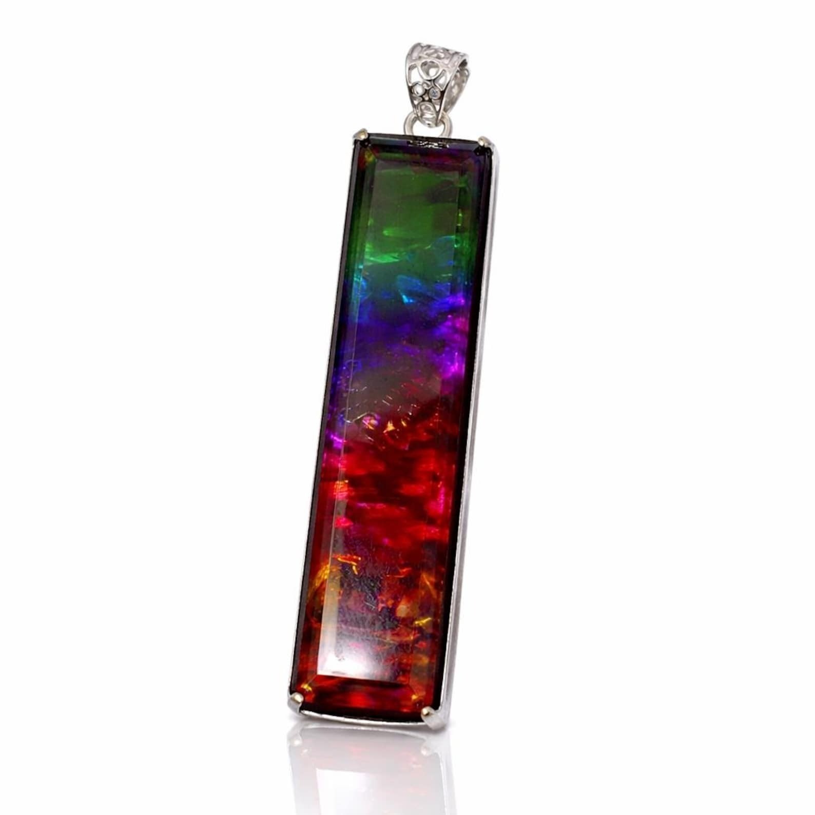 Certified 105 Ct Natural Ammolite 925 Silver Emerald Cut Pendant Loose Gemstone