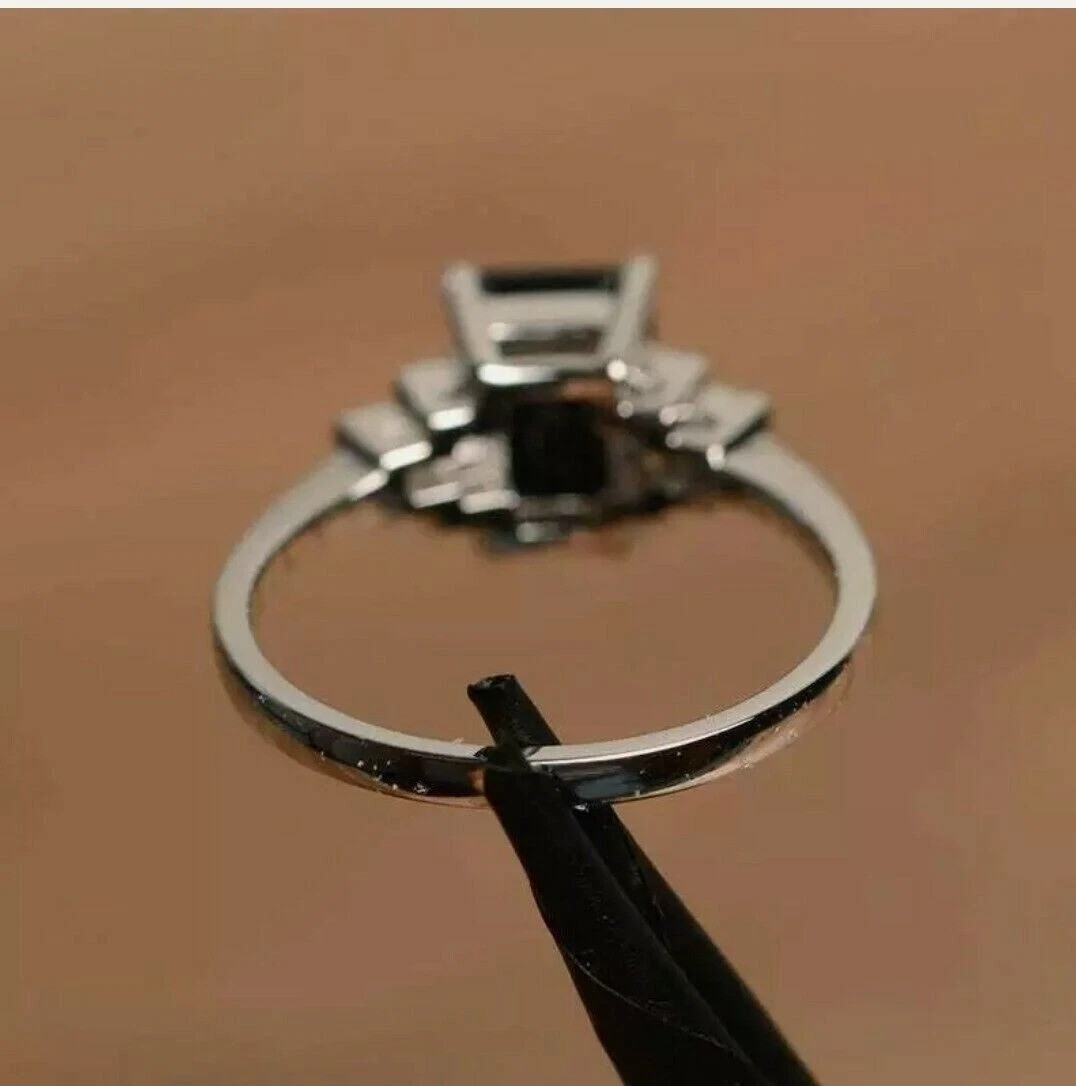 Emerald Cut Black Onyx & Lab Created Diamond Wedding 14Ct White Gold Finish Ring