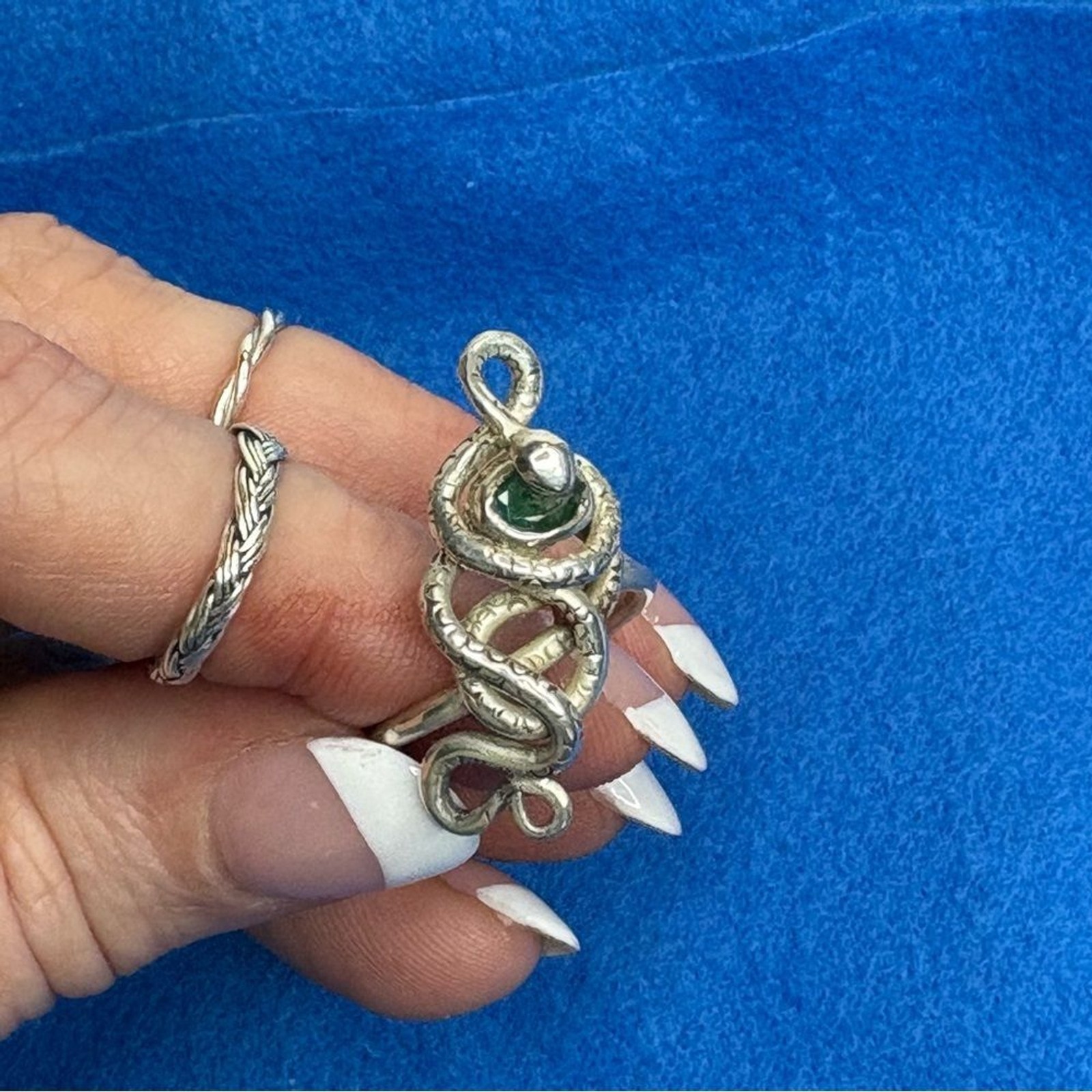 Hand Crafted One of a Kind Pure Silver Snake Ring Size 7 With Emerald