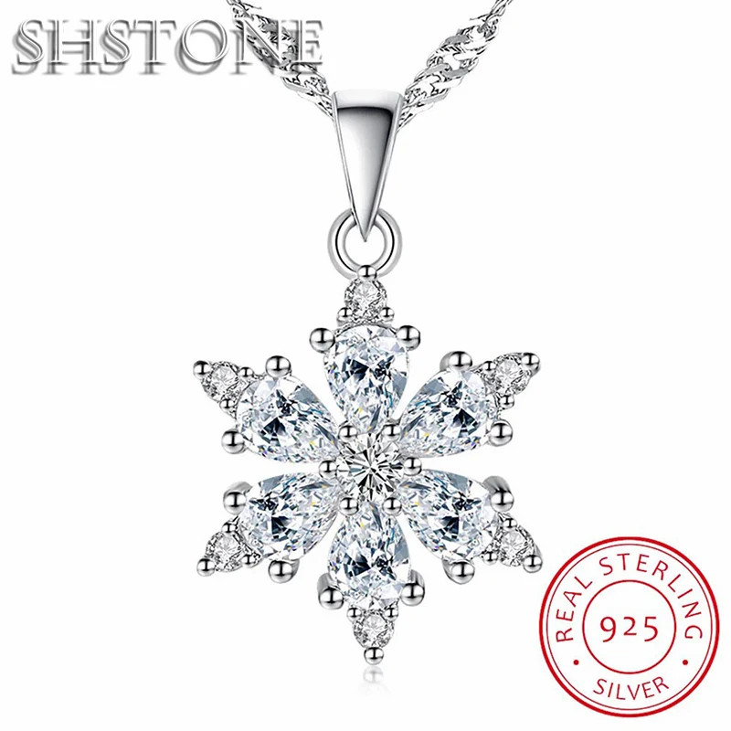 SHSTONE 925 Sterling Silver AAA Zircon Snowflake Pendant Necklace for Women