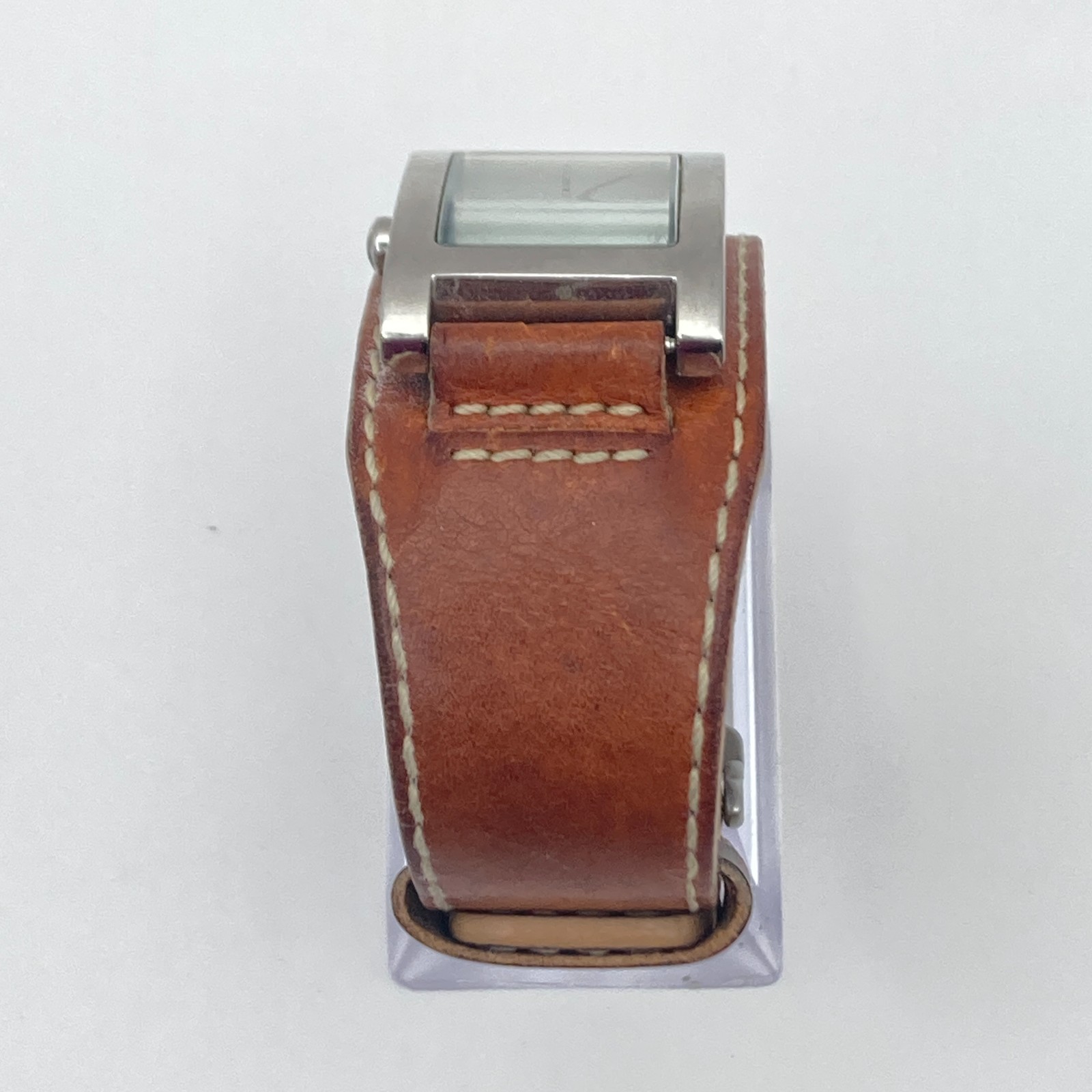 DKNY Women’s Watch 24mm Silver Tone Brown Leather Cuff 30M Tank New Battery 8″