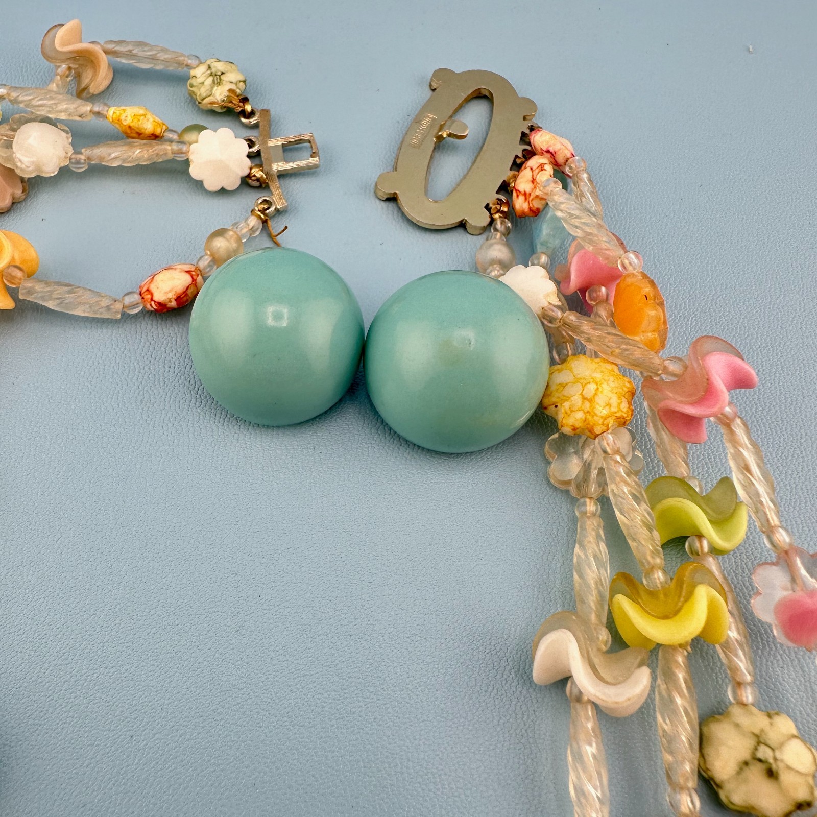 Vintage Plastic Flower Ruffle Bead Multi Strand Necklace Earrings Pastel Colors
