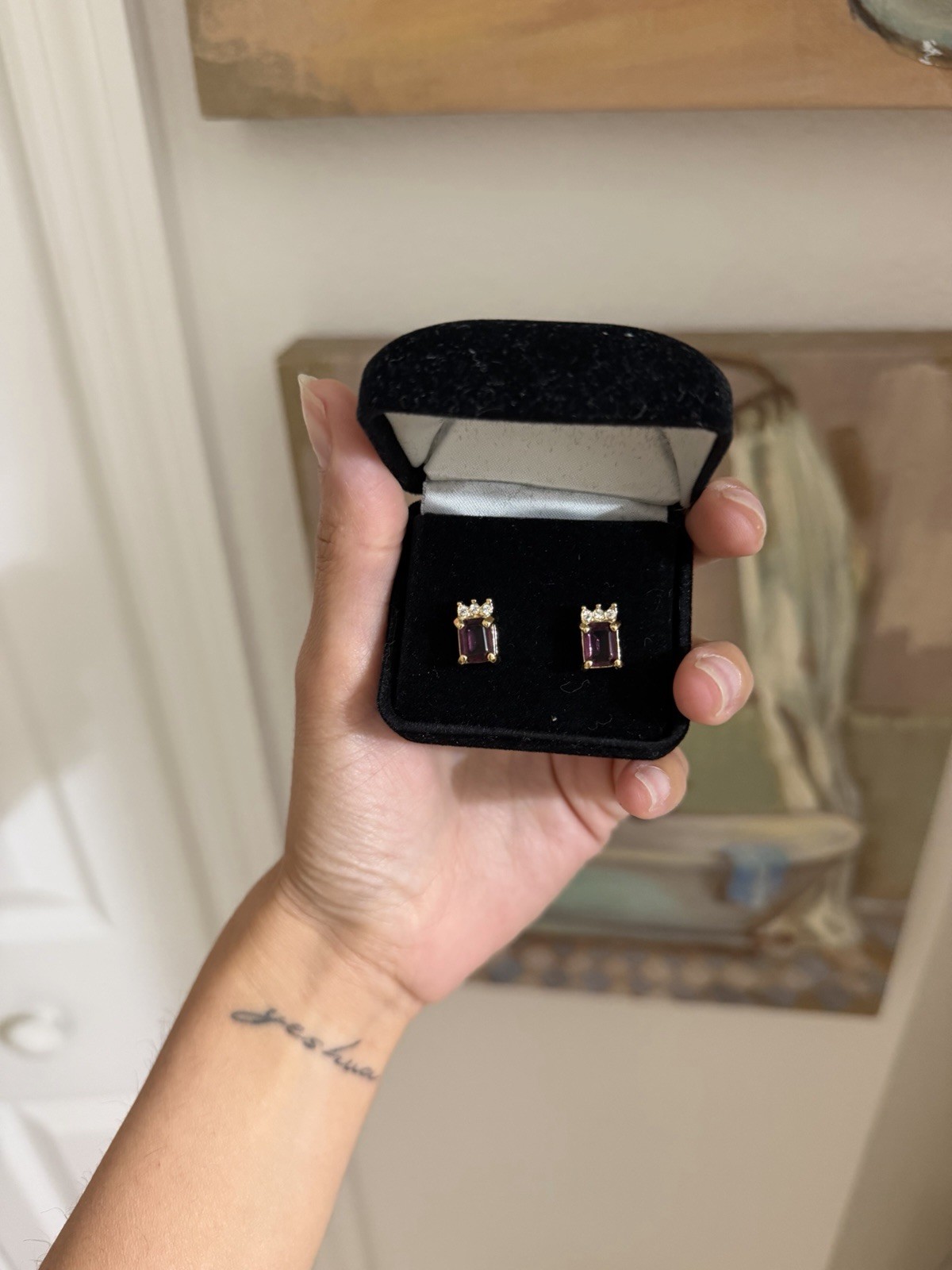 Vintage Faux Amethyst Stud Earrings Gold Tone Pierced With Box Excellent