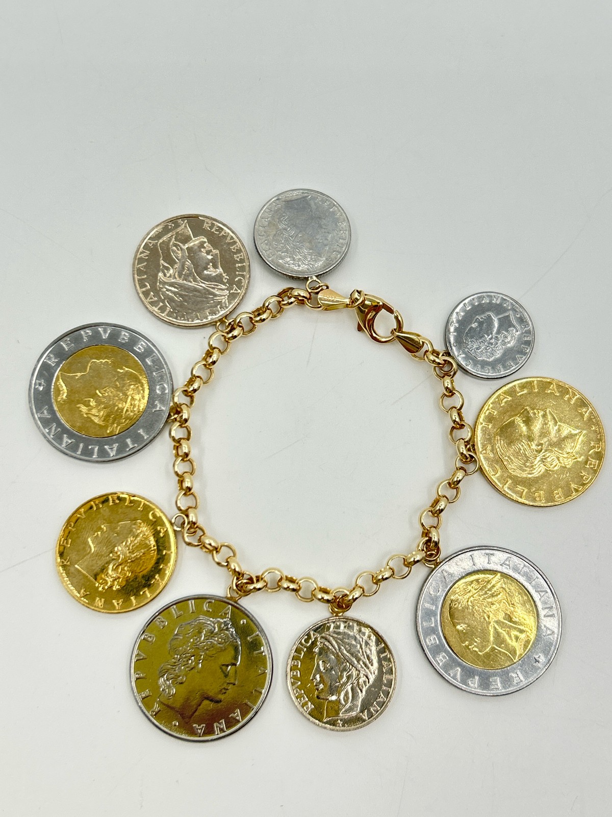 Vintage Milor Lira Coin 14K Gold Silver Charm 6.5″ Stamped Bracelet Made Italy