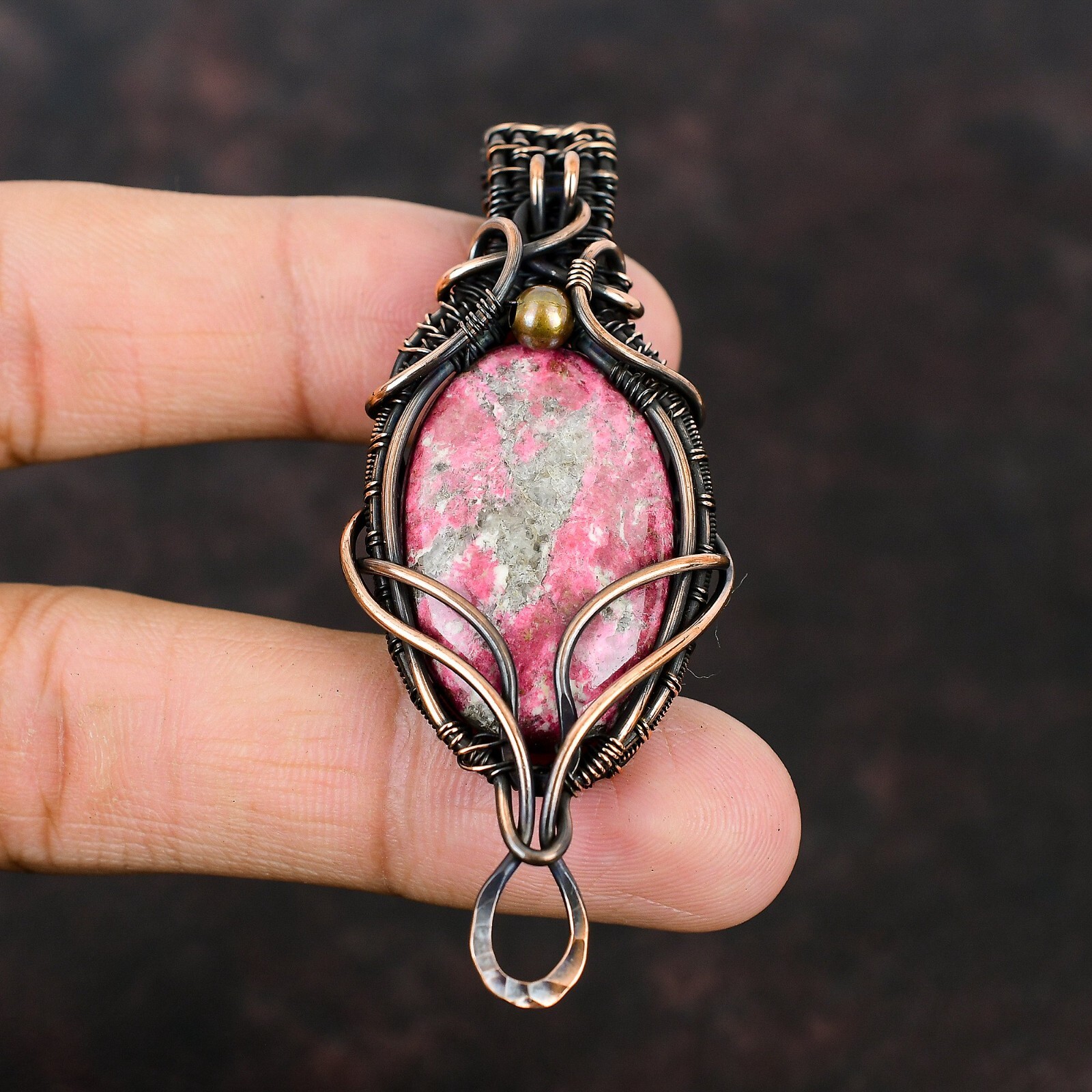 Thulite Gemstone Handmade Jewelry Copper Wire Wrapped Pendant For Girls 2.91″