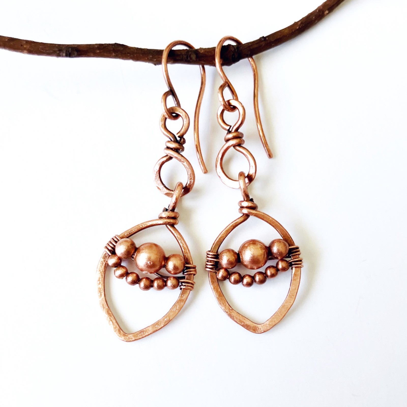 Beaded Wire Wrapped Boho Dangle Earrings Leaf Solid Copper Unique Handcrafted