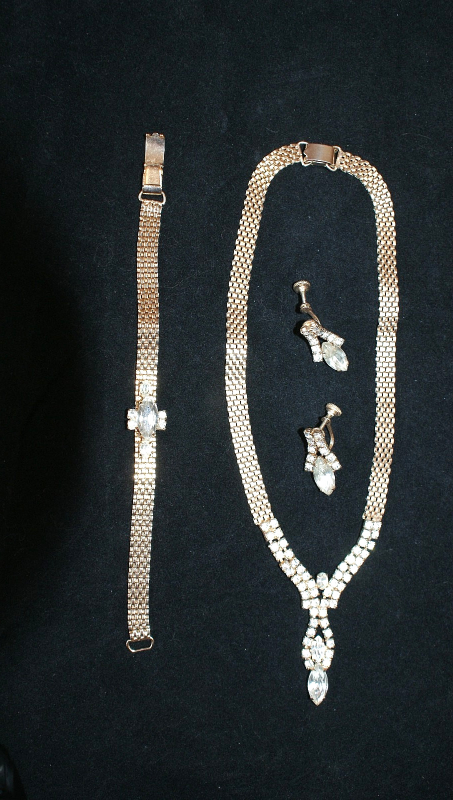 Mid-Century Fashion Jewelry Gold, Rhinestones, Necklace, Bracelet, Earrings EUC
