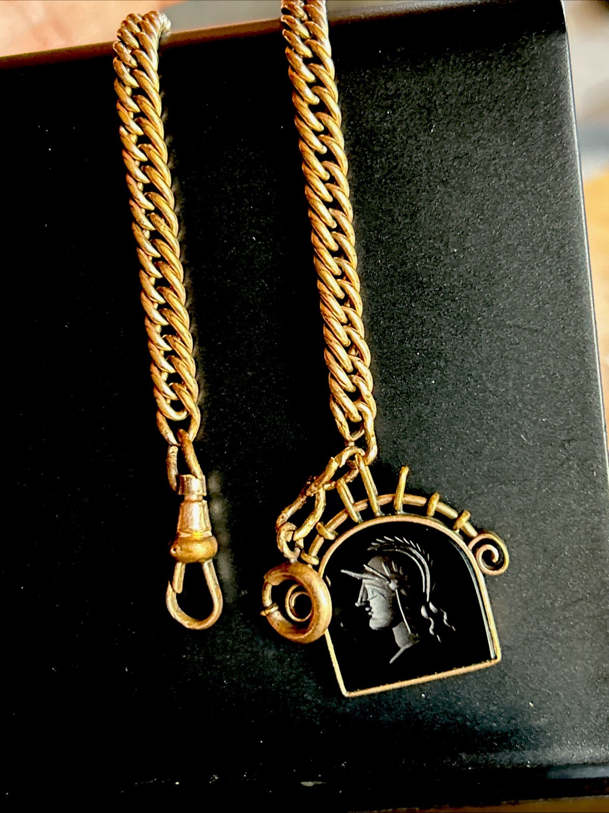 Victorian Rose Gold Fill Intaglio Sard Carved Warrior Arch Fob Rose GF Chain 21g