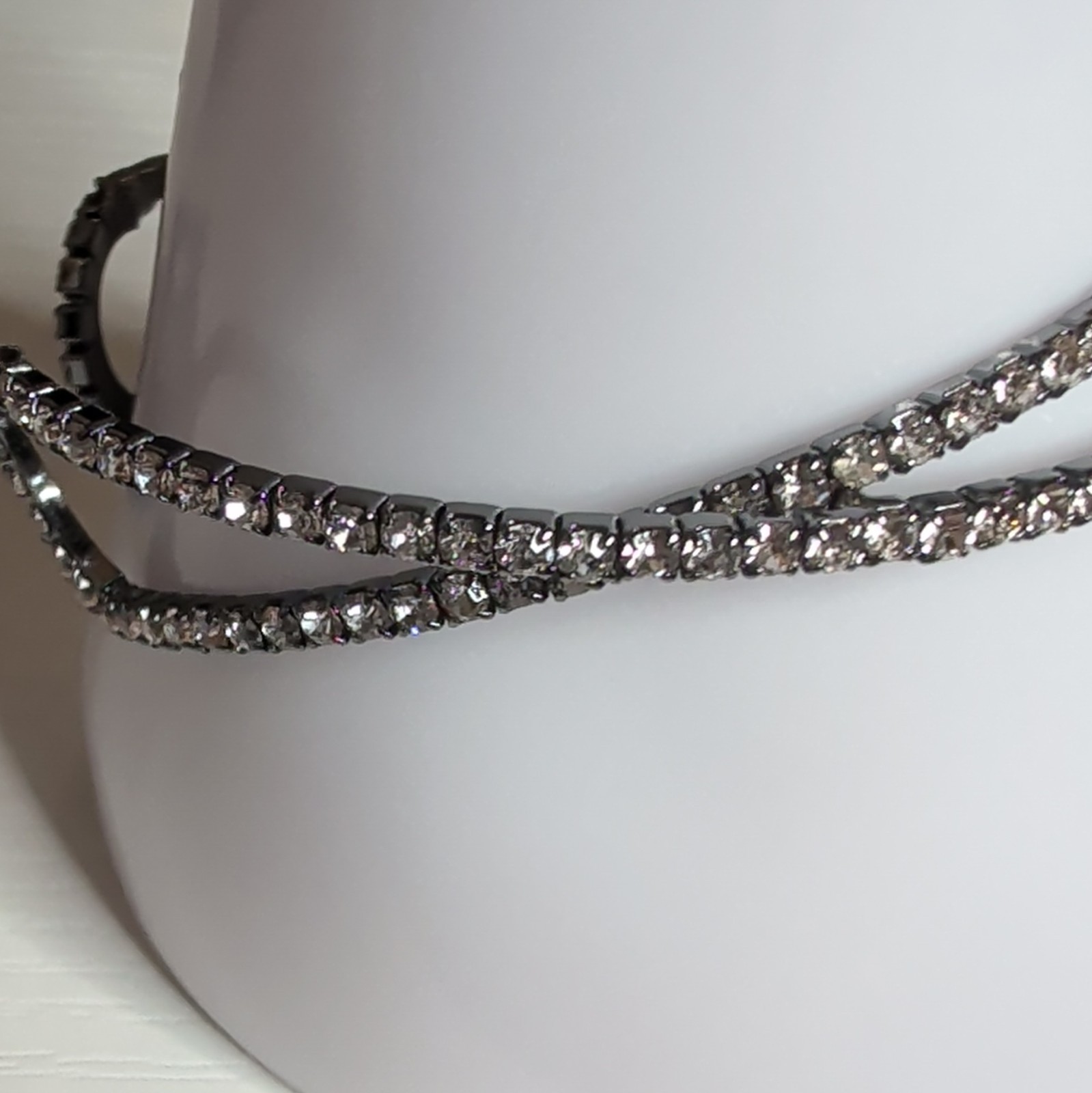 Silver-Tone Clear Round Crystal Double Row Tennis Open Cuff Wrap Bracelet