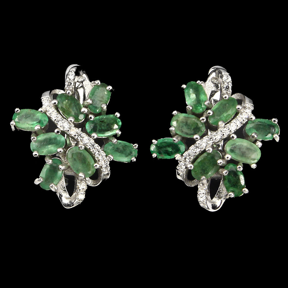 Natural GEM Transparent TOP RICH Green Emerald ,W. Cz 925 Silver HUGGIE Earrings