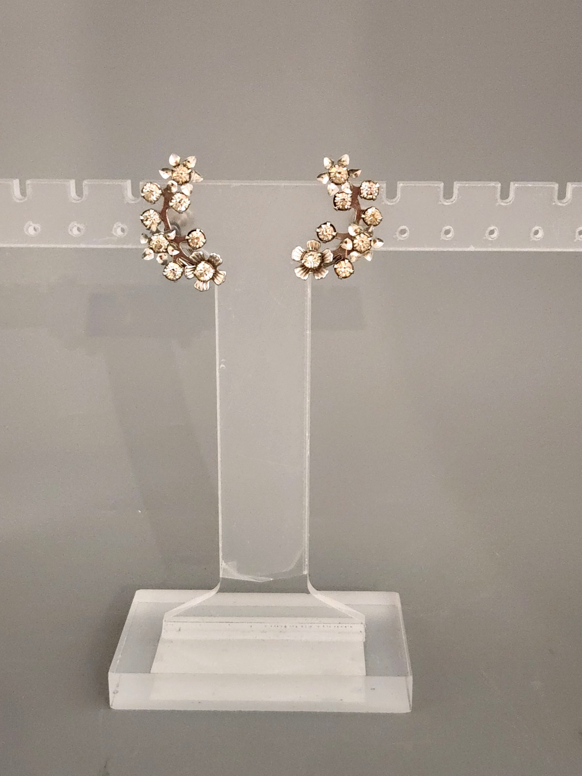 Vintage Flower Rhinestone Climber Earrings Screw Back Mid-Century Statement
