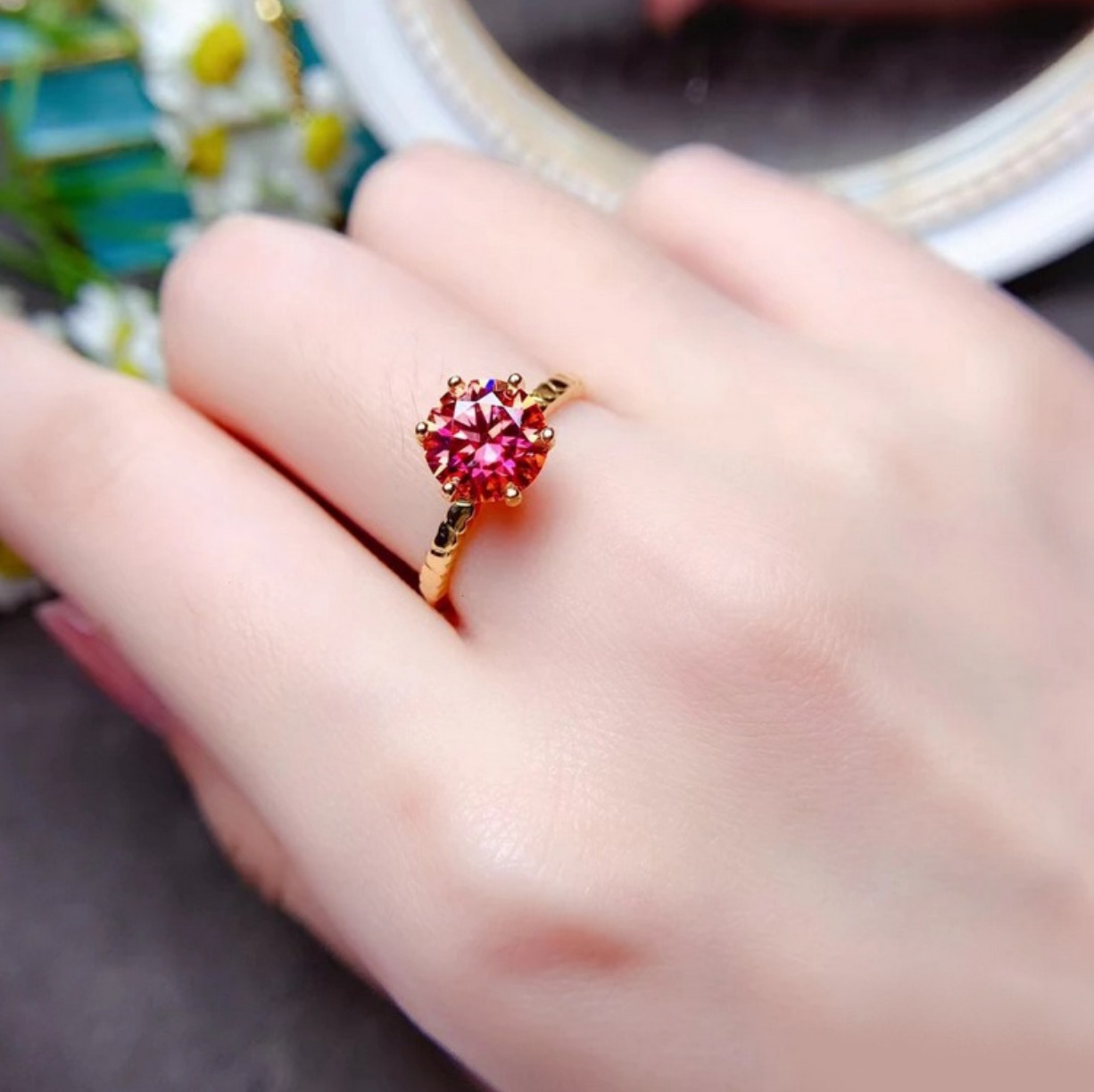 Exquisite 14K 925 Sterling Silver 2CT Blood Orange Moissanite Gemstone Ring
