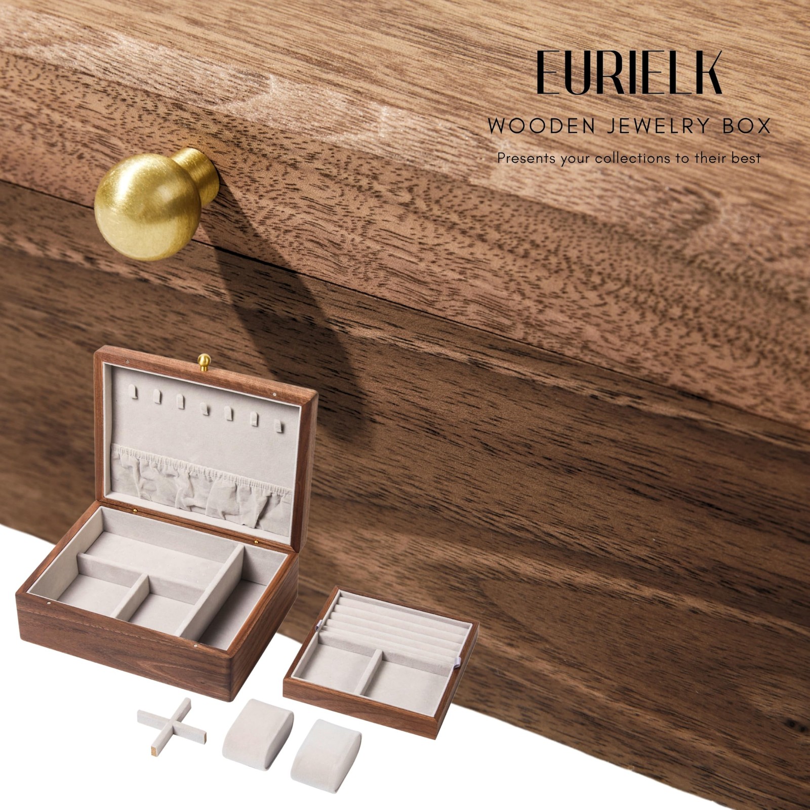 EURIELK Wooden Jewelry Box, Two Layer Medium Size Real Natural Solid Walnut Wood
