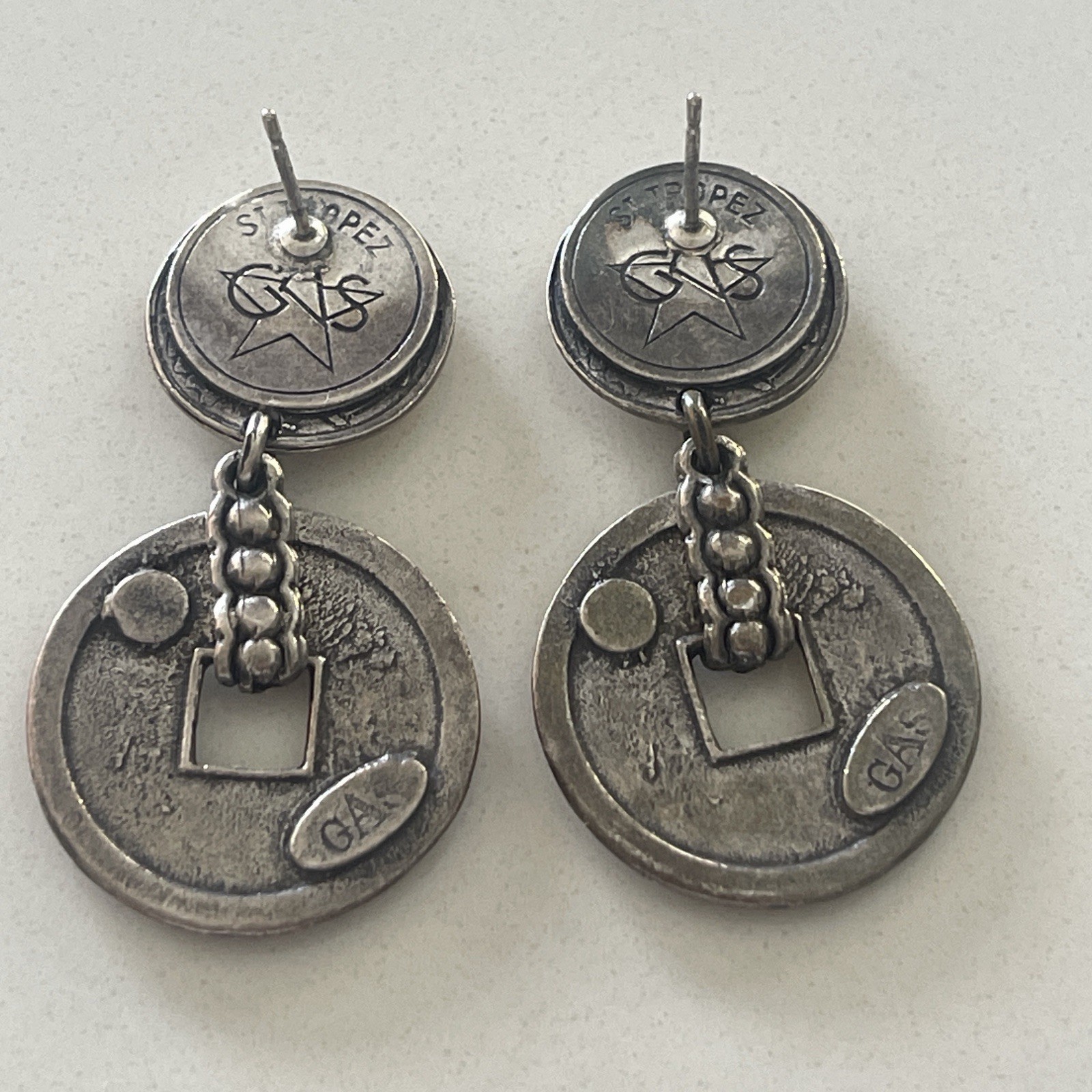 GAS Bijoux Beige Enamel Open circle Dangle Earrings sequins studs Peirced